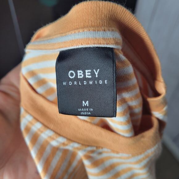 Obey Worldwide Womens Orange Striped Crewneck Short Sleeve T Shirt Size Medium - Picture 4 of 7